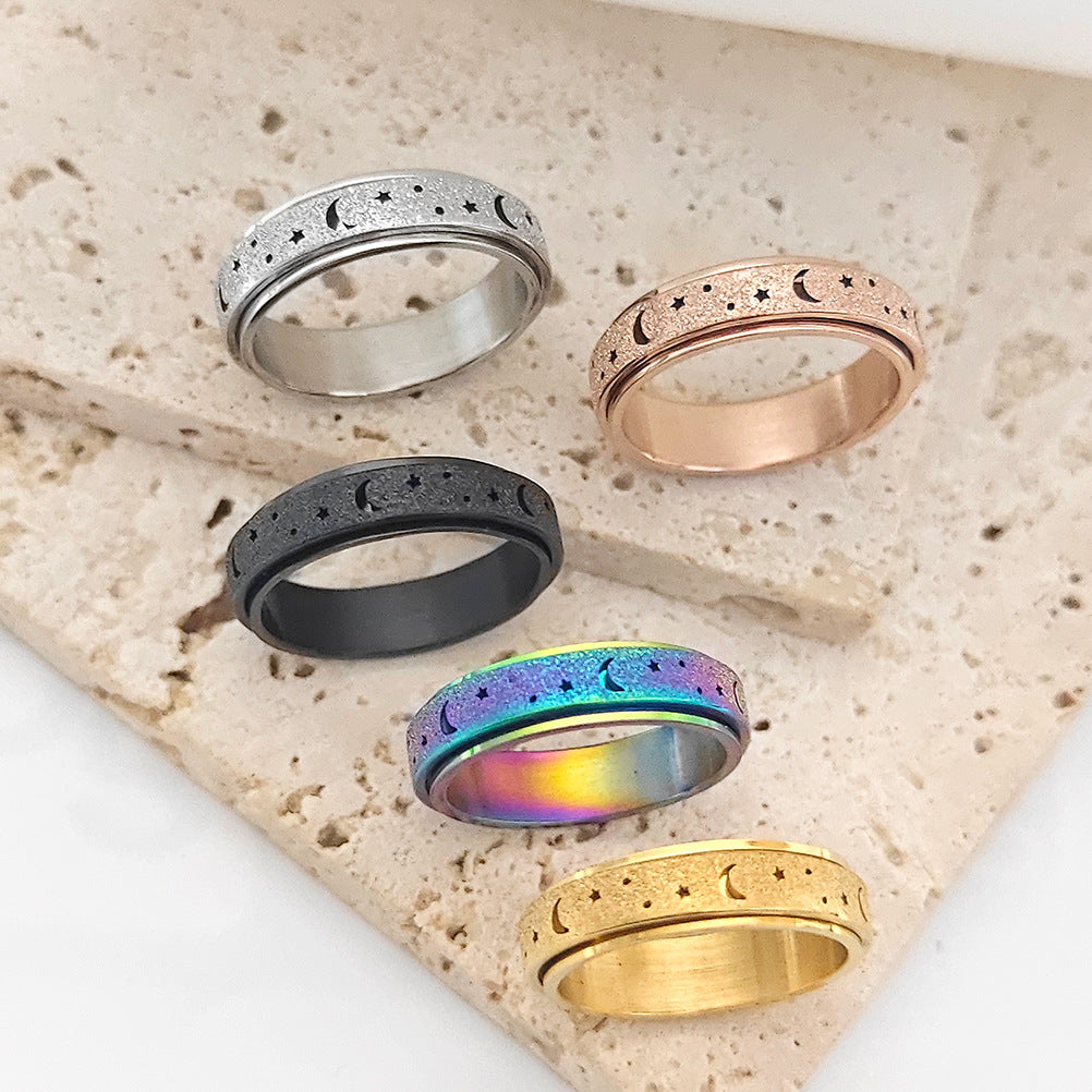 Women's Hollow Star Moon Stainless Steel Rotatable Rings