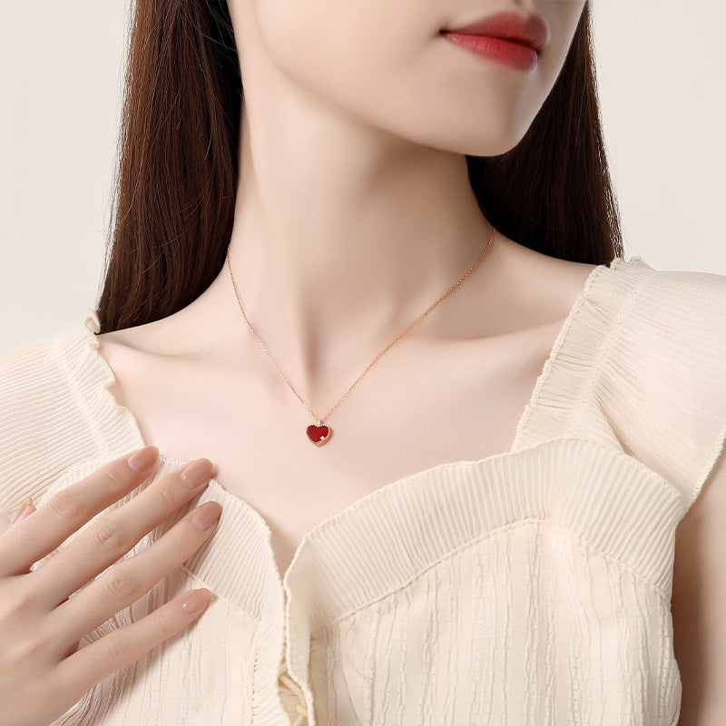 Women's Heart-shaped Genuine Diamond Sterling Sier Red Agate Clavicle Necklaces