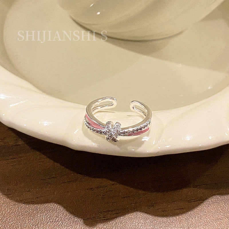 Women's Spring Sweet Pink Cherry Double Flower Niche Knot Design Sense Ring