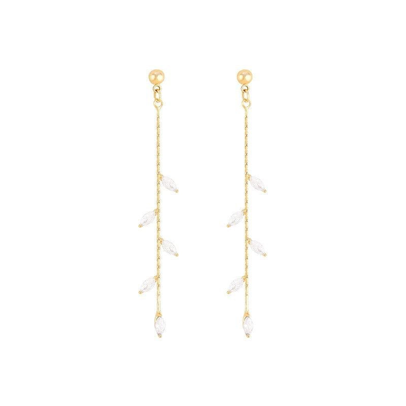 Elegant Micro Point Zircon Fresh Willow Leaf Long Ear Earrings