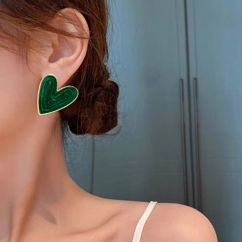 Women's Sier Needle Simple Personality Green Diamond Flower Love Heart Earrings