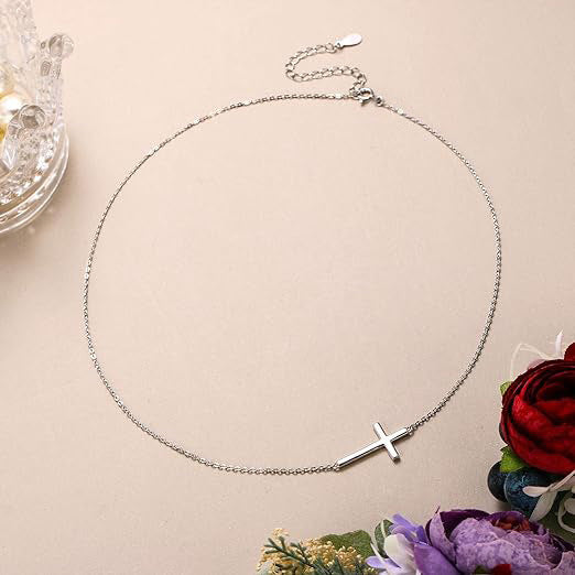 Sier Lateral Cross Asymmetric Simple High Necklaces