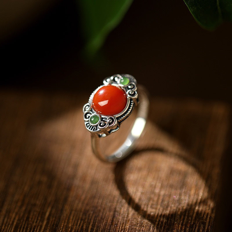 Women's Natural Jade Thai Sier Sunny Water Jasper Round Return Pattern Rings