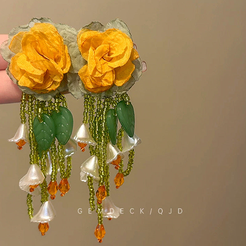 Elegant Graceful Chiffon Flower Beaded Tassel Summer Earrings