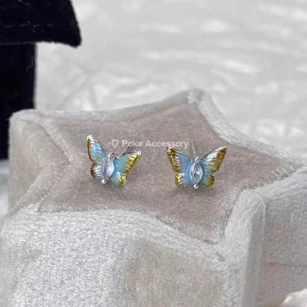 Kitten Cold Water Clear Butterfly Gradient Dripping Oil Earrings