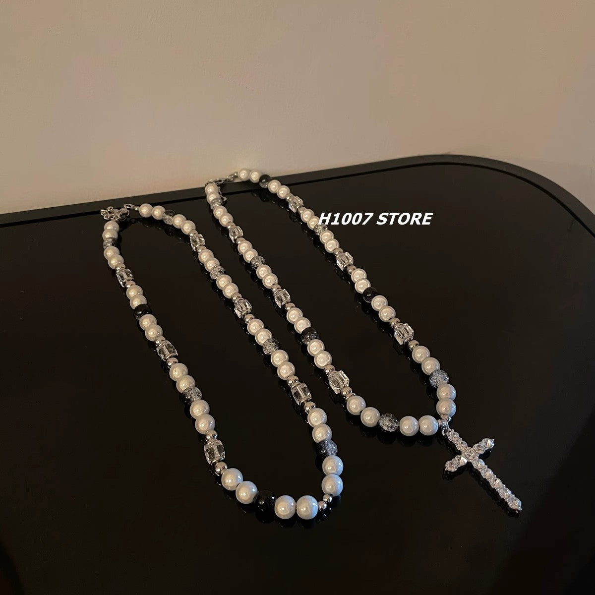 Women's & Men's Pearl Stitching Cross Design Clavicle Chain Titanium Steel Hip Necklaces
