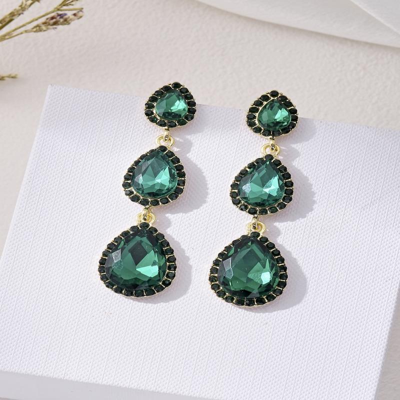 Women's Sier Needle Simple Personality Green Diamond Flower Love Heart Earrings