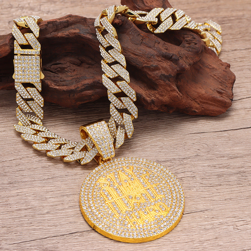 Men's Keep Strong Letter Round Plate Full Diamond Necklaces
