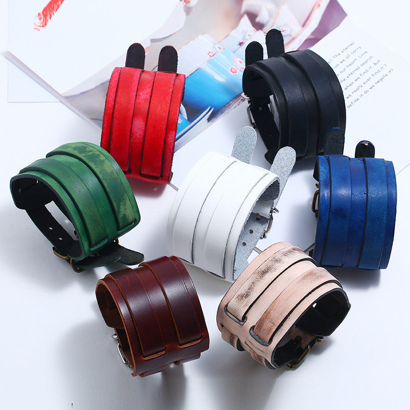 Women's & Men's Vintage Genuine Leather Wide Double Buckle Bracelets