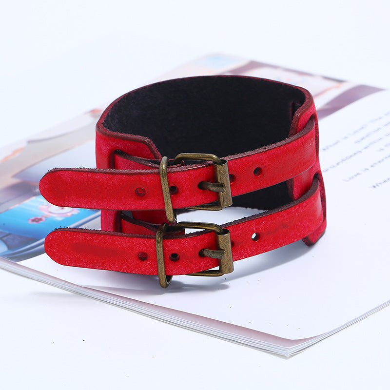 Women's & Men's Vintage Genuine Leather Wide Double Buckle Bracelets