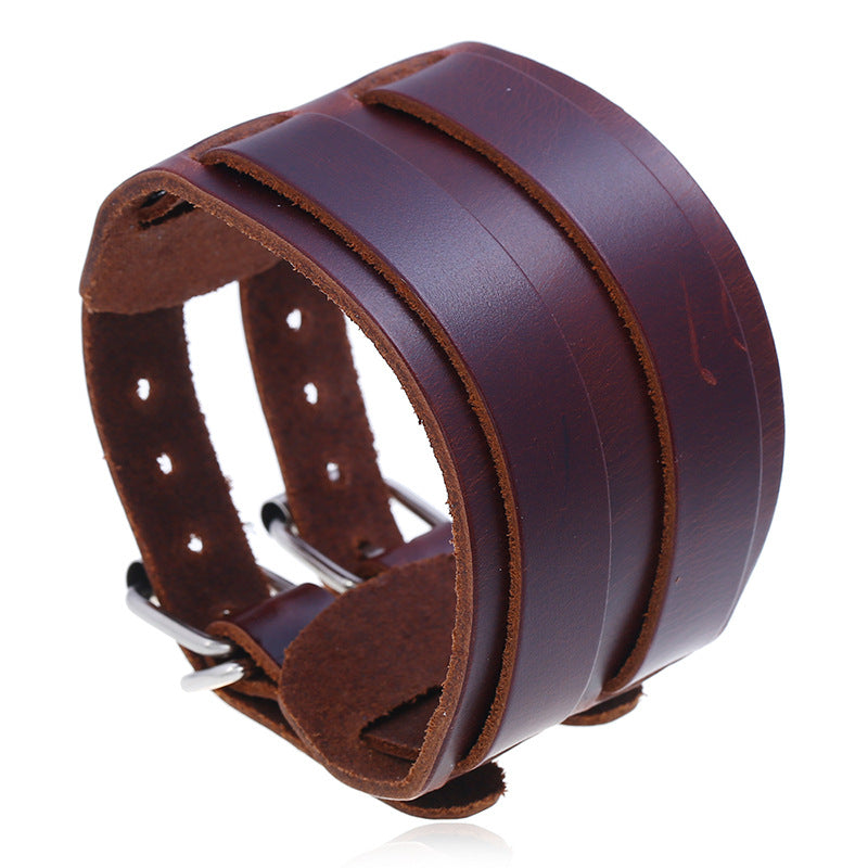 Women's & Men's Vintage Genuine Leather Wide Double Buckle Bracelets