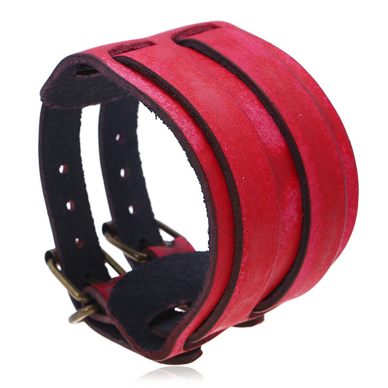 Women's & Men's Vintage Genuine Leather Wide Double Buckle Bracelets