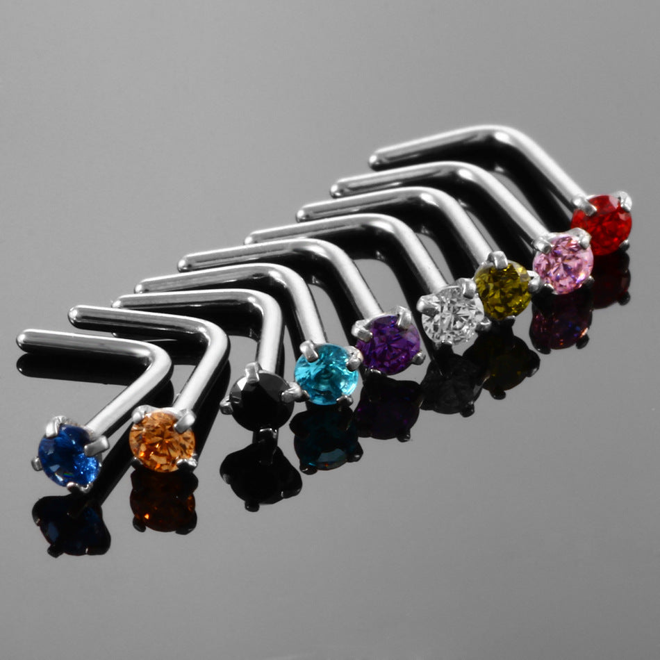 Stainless Steel Round Nose Diamond Zircon Curved Rod Piercing Stud Earrings