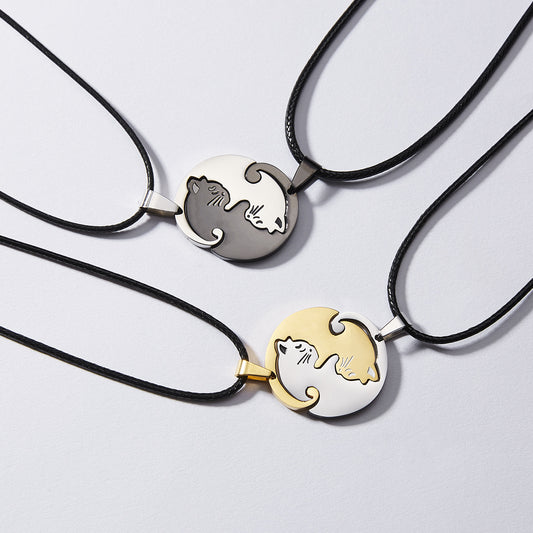 Steel Simple Animal Cat Black White Necklaces