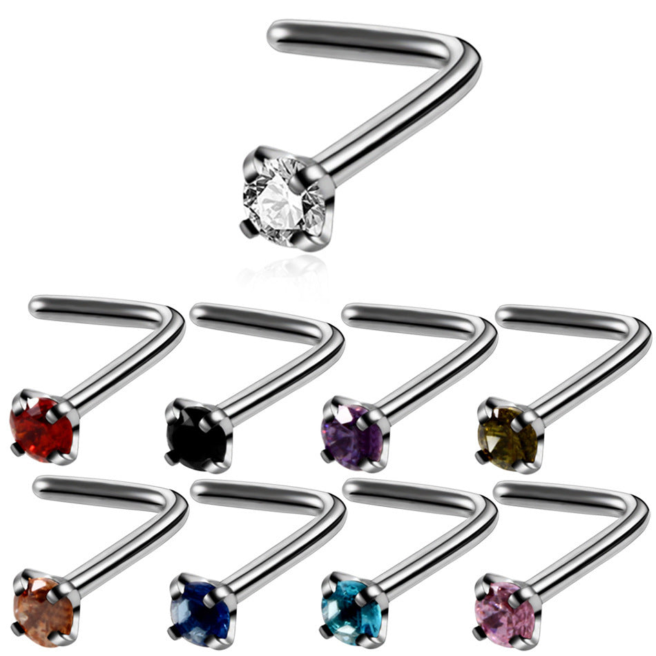 Stainless Steel Round Nose Diamond Zircon Curved Rod Piercing Stud Earrings