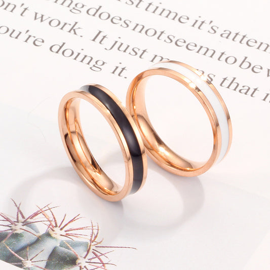 Simple Black White Epoxy Couple Rose Gold Titanium Rings