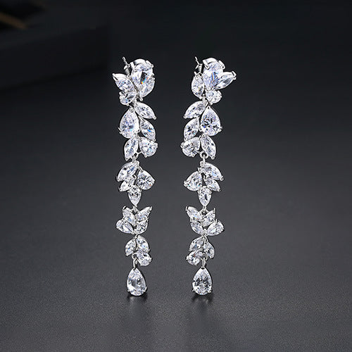 Women's Long Elegant Copper Inlaid Zircon Earrings