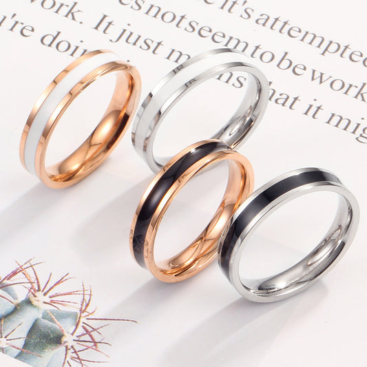 Simple Black White Epoxy Couple Rose Gold Titanium Steel Rings