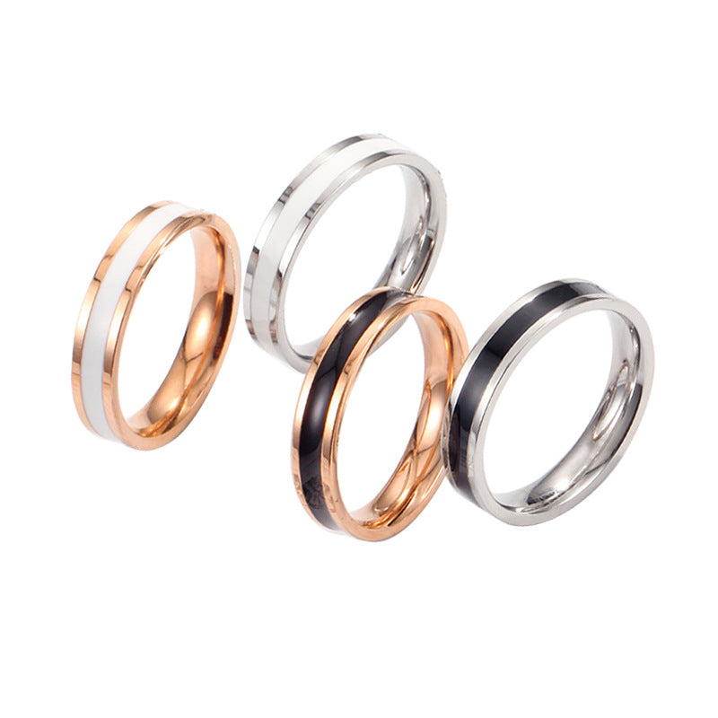 Simple Black White Epoxy Couple Rose Gold Titanium Rings