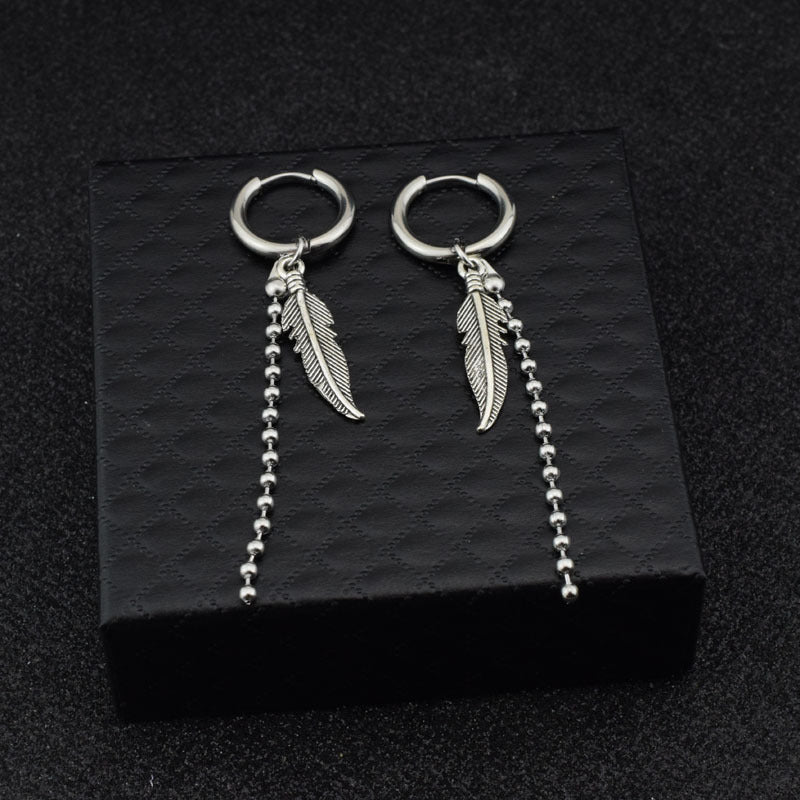 Titanium Steel Jung Kook Vintage Chain Feather Earrings
