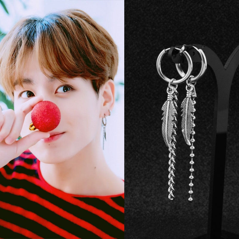 Titanium Steel Jung Kook Vintage Chain Feather Earrings