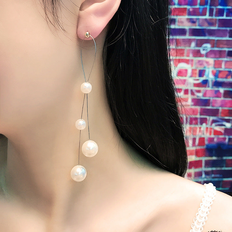 Women's Pearl Sier Needle Long Tassel Ear Brushed Earrings