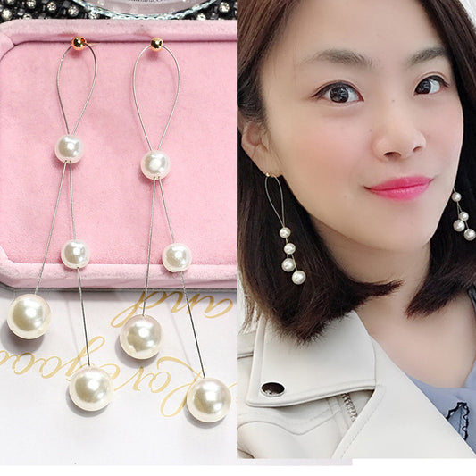 Women's Pearl Sier Needle Long Tassel Ear Brushed Earrings