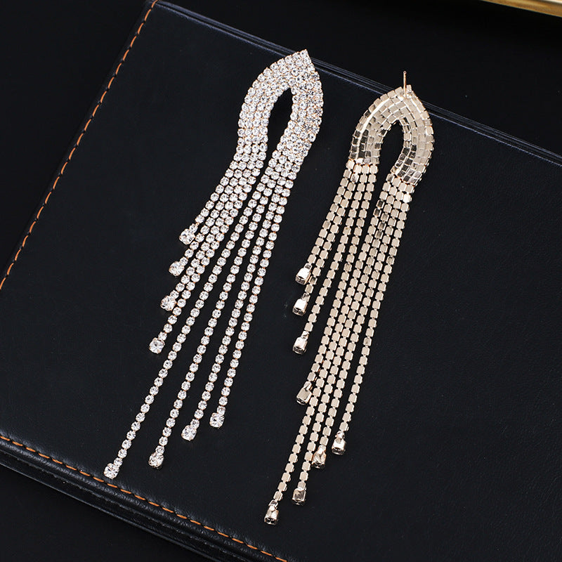 Rhinestone Tassel Dangle Simple Exaggerated Temperamental Earrings