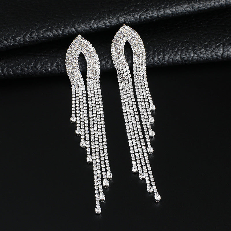 Rhinestone Tassel Dangle Simple Exaggerated Temperamental Earrings