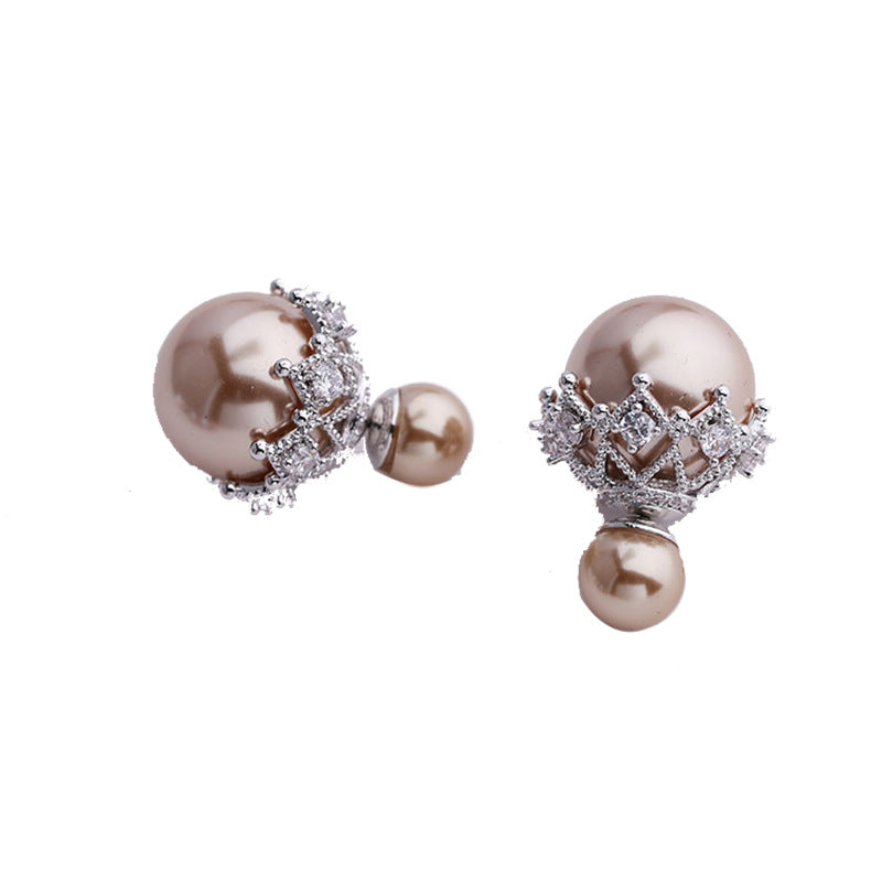 Women's Personalized Front Rear Pearl Ball Back Lace Sier Needle Zircon Earrings