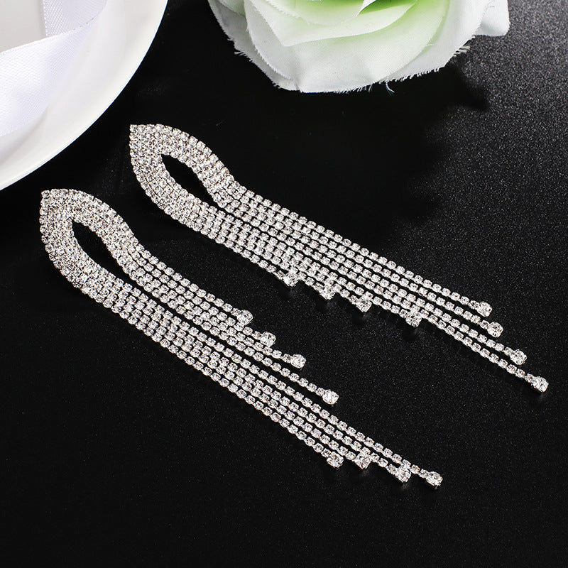 Rhinestone Tassel Dangle Simple Exaggerated Temperamental Earrings