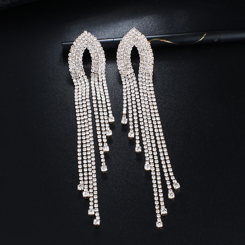 Rhinestone Tassel Dangle Simple Exaggerated Temperamental Earrings