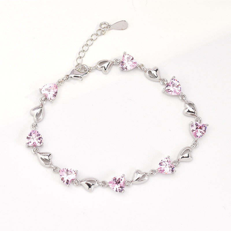 Women's Sweet Heart Blue Crystal Sier-plated Heart-shaped Simple Bracelet