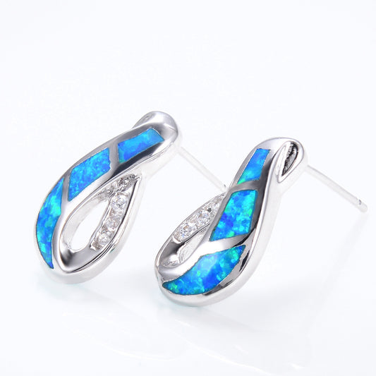 Platinum Opal Blue White Diamond Ear Earrings