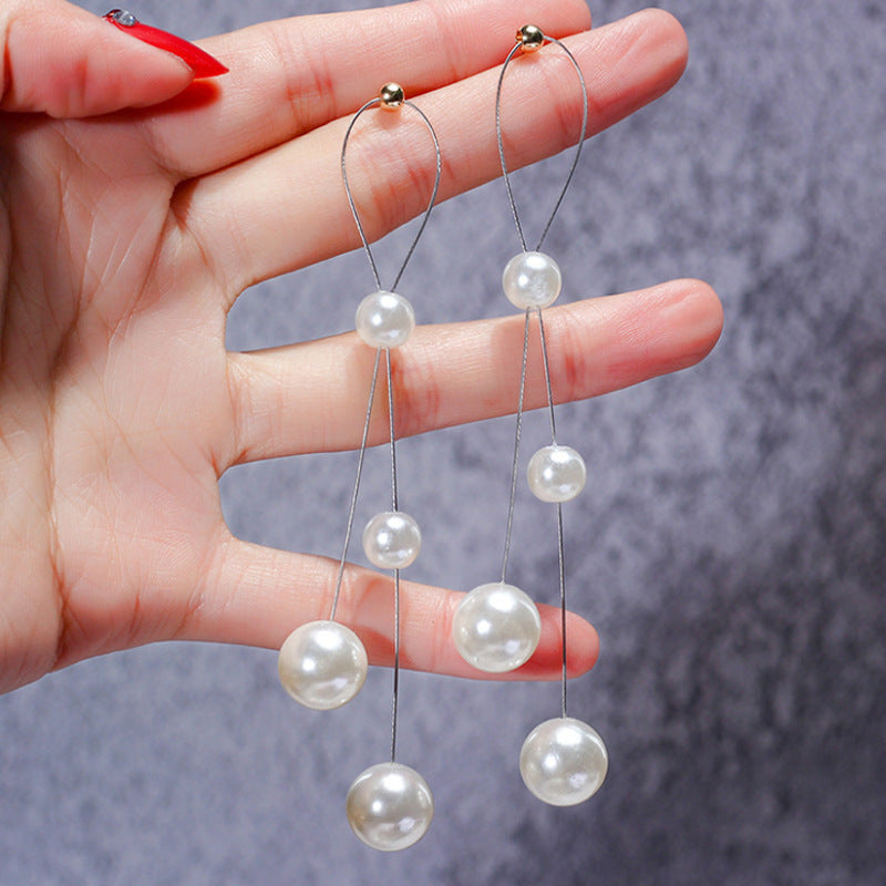 Women's Pearl Sier Needle Long Tassel Ear Brushed Earrings