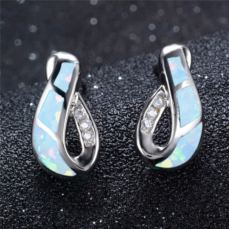 Platinum Opal Blue White Diamond Ear Earrings