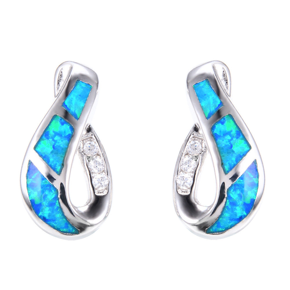 Platinum Opal Blue White Diamond Ear Earrings