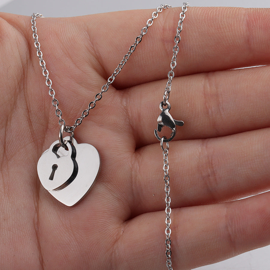 Mirror Stainless Steel Heart Love Lock Key Necklace