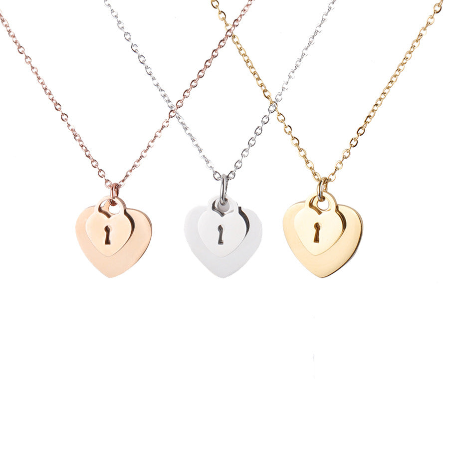 Mirror Stainless Steel Heart Love Lock Key Necklace