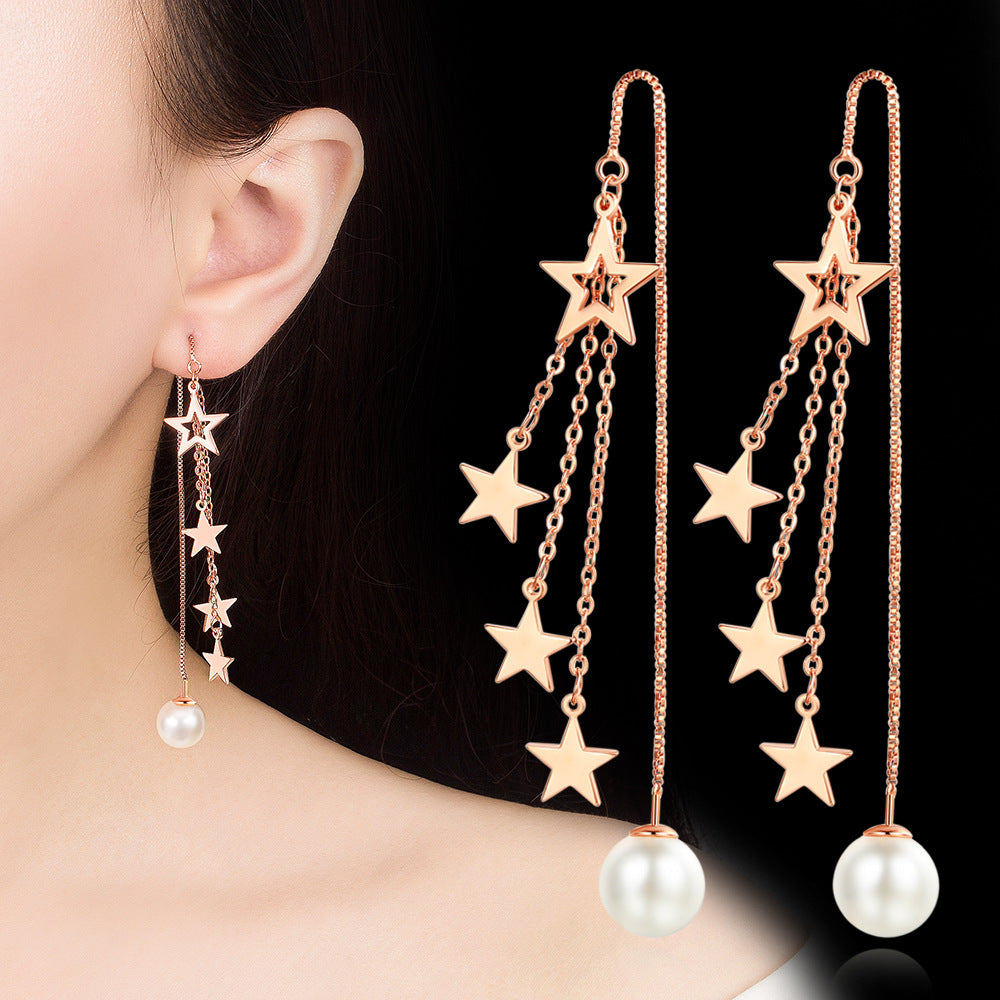 Women's Tassel Pentagram Lines Mid-length Korean Style Rose Gold For Simple Earrings