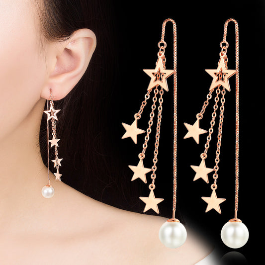Women's Tassel Pentagram Lines Mid-length Korean Style Rose Gold For Simple Earrings