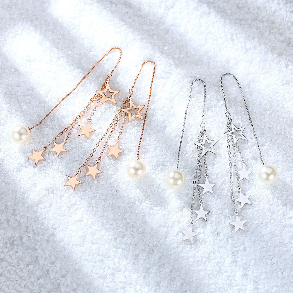 Women's Tassel Pentagram Lines Mid-length Korean Style Rose Gold For Simple Earrings
