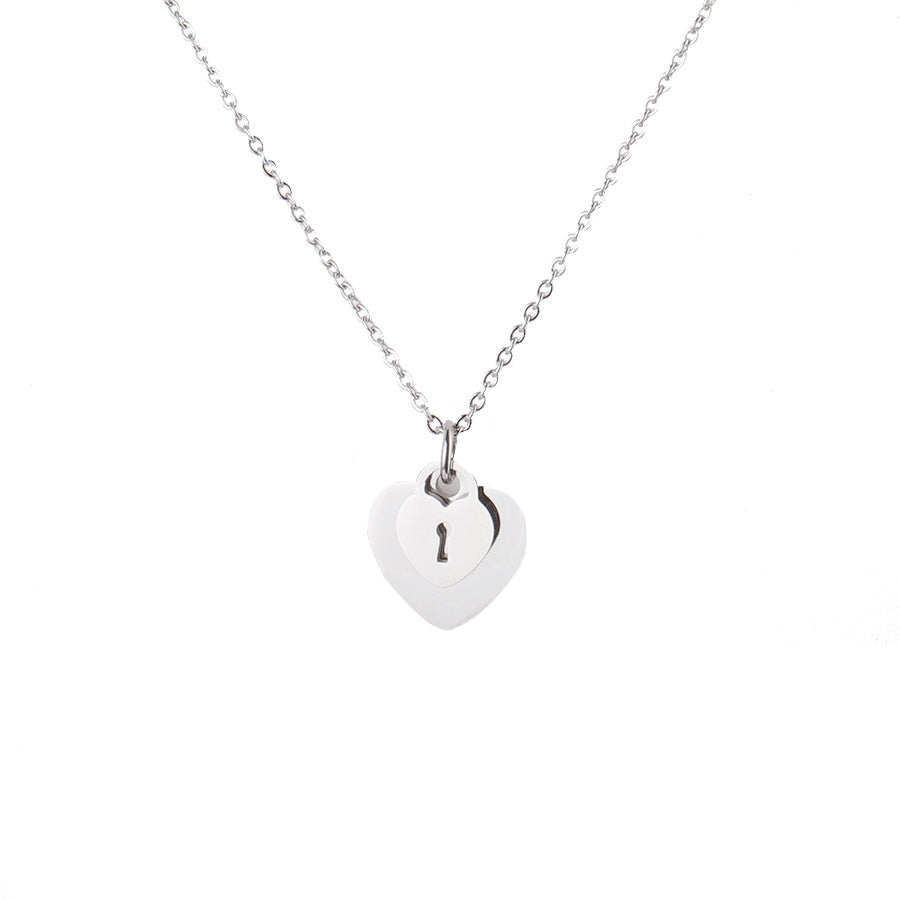 Mirror Stainless Steel Heart Love Lock Key Necklace