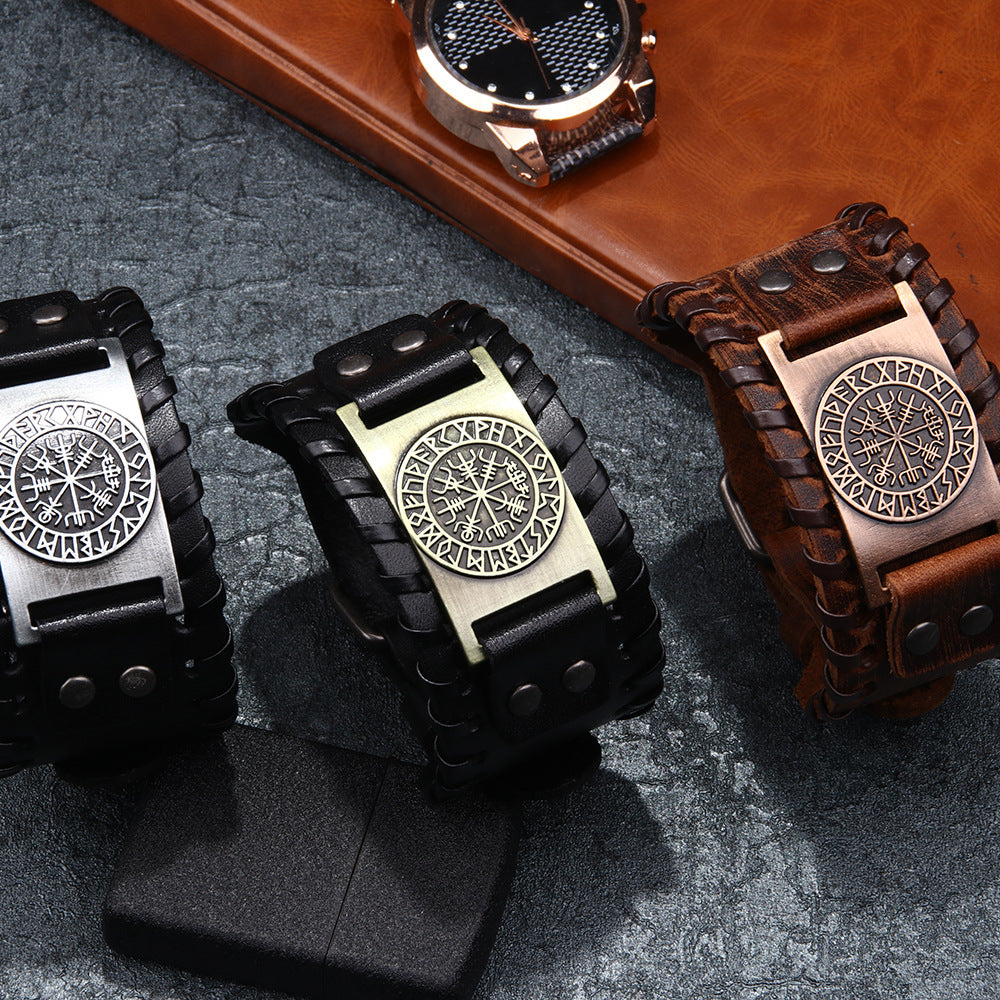 Men's Pirate Vintage Compass Wide Leather Bracelets