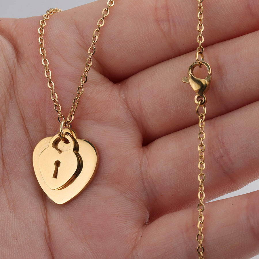 Mirror Stainless Steel Heart Love Lock Key Necklace