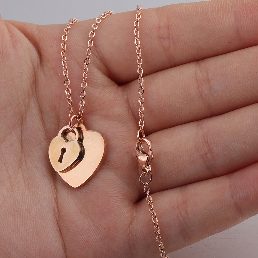 Mirror Stainless Steel Heart Love Lock Key Necklace