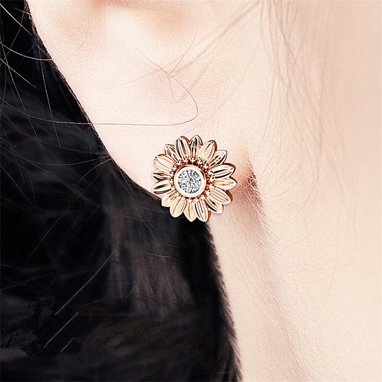 Diamond Rose Gold Plated Natural Sun Flower Ear Earrings