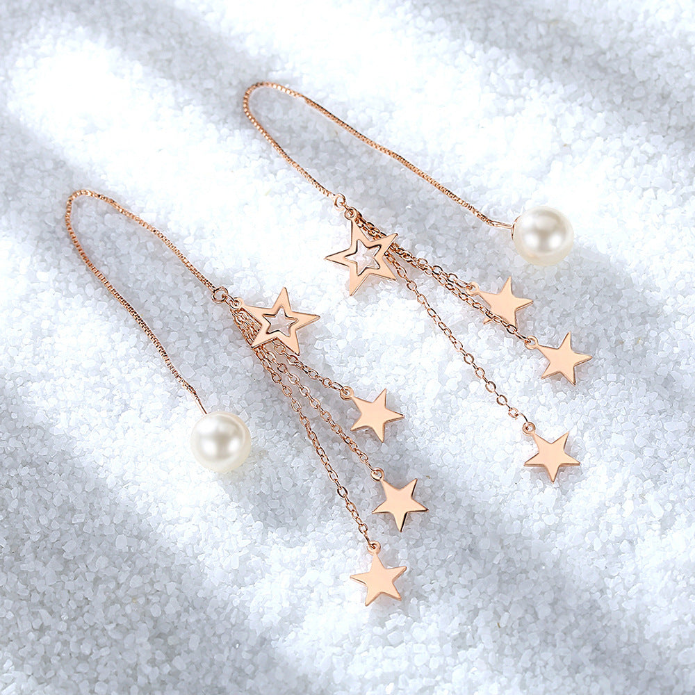 Women's Tassel Pentagram Lines Mid-length Korean Style Rose Gold For Simple Earrings