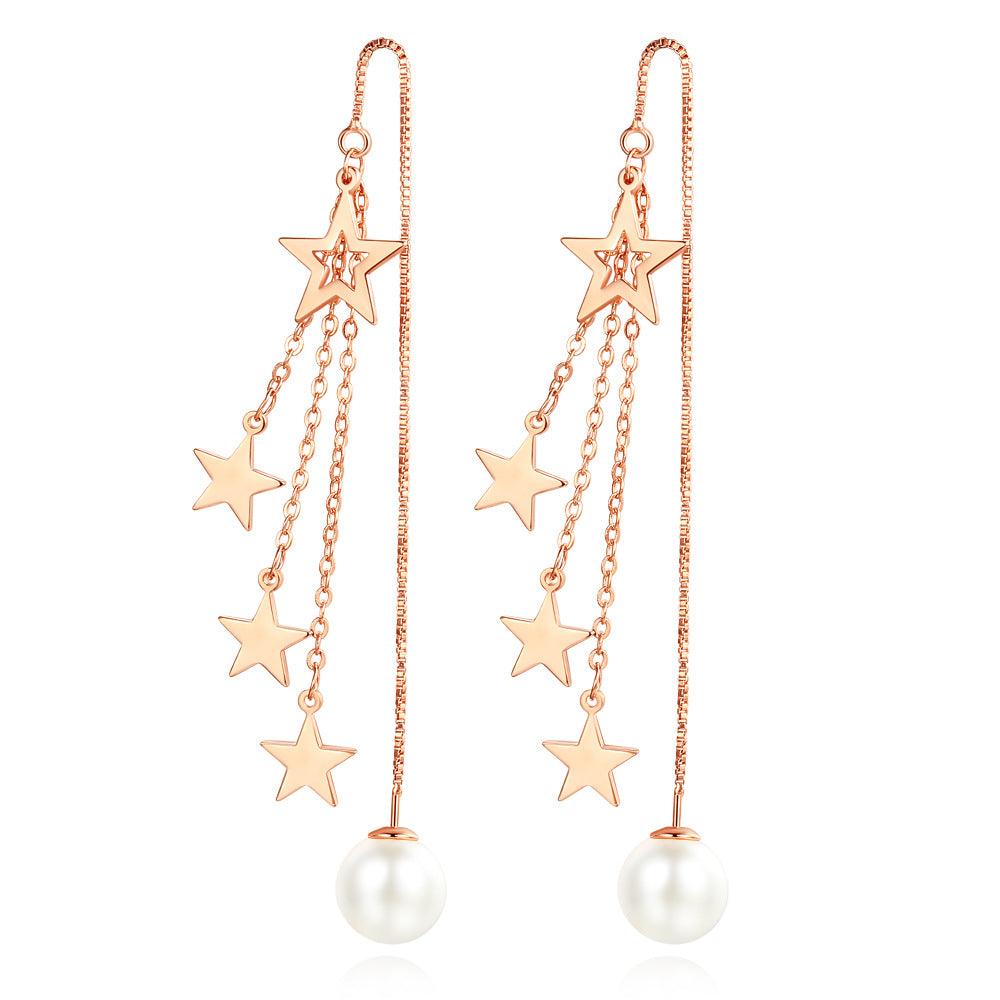 Women's Tassel Pentagram Lines Mid-length Korean Style Rose Gold For Simple Earrings