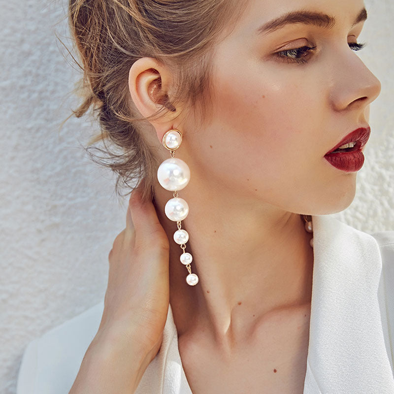 Women's Simple Size Artificial Pearl Long Fashionmonger Earrings